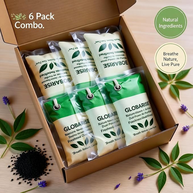GlobaRise™ Dual Power Charcoal + Neem Odor Absorber Bags Natural Air Purifier Bags for Home, Car, Shoes & Pets | Activated Charcoal Deodorizer Eliminator | Eco-Friendly & Reusable | 100g, Pack of 6