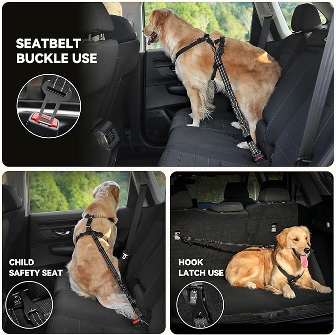 Pawaboo 2Pack Dog Seatbelt for Car,3-in-1 Dog Car Seat Belt Bungee,Shockproof Dogs Tether for Cars with Buckle&Hook Latch, Adjustable Reflective Dogs Cars Harness Leash with 360° Lockable Buckle,Black