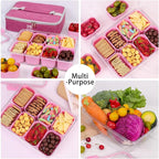 Snack Box Container with Insulated Cooler Bag, Divided Serving Tray with Lid and Handle Beach Essentials, Snackle Box Veggie Fruit Tray with 8 Compartments & 8 Forks & 2 Spoon Pink