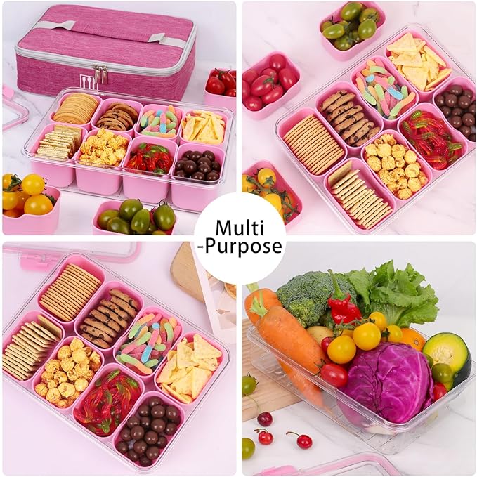 Snack Box Container with Insulated Cooler Bag, Divided Serving Tray with Lid and Handle Beach Essentials, Snackle Box Veggie Fruit Tray with 8 Compartments & 8 Forks & 2 Spoon Pink
