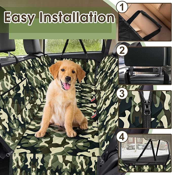 Waterproof Dog Car Seat Cover for Back Seat - Durable, Scratch Proof Pet Hammock with Nonslip Design & Storage Pockets, Fits Cars, SUVs, Trucks- S, Camouflage