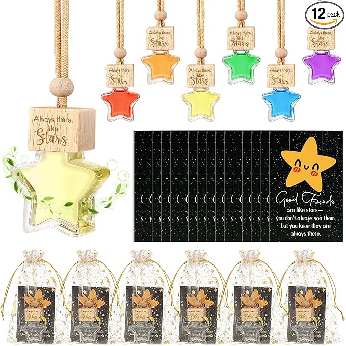 12 Sets Hanging Car Air Freshener Diffuser Ornament Gratitude Card Star Empty Glass Oil Bottle Leather Car Air Freshener Employee Appreciation for Friend Roommate BFF Bestie Fragrance Aromatherapy