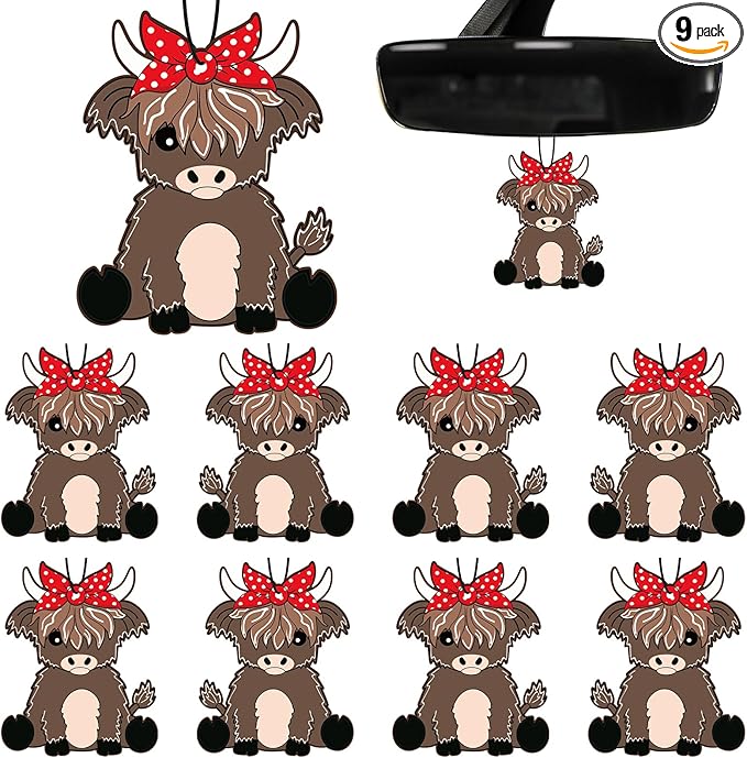 Loopeer 9 Pcs Christmas Highland Cow Air Freshener Cute Cow Print Car Accessories Hanging Gifts for Women Christmas Tree Ornaments Party Hips Gifts for Aromatic Car Home Decorations