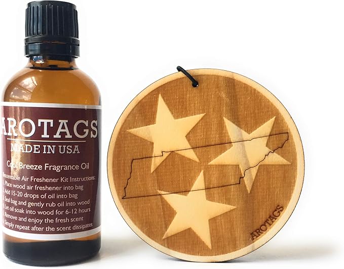 Arotags Tennessee Wooden Car Air Freshener - Long Lasting Cool Breeze Scent Diffuses for 365+ Days - Includes Hanging Mirror Diffuser and Fragrance Oil - 100% American Made