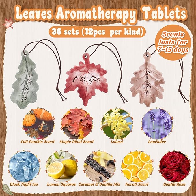 36 Sets Leaves Car Air Fresheners Bulk Maple Leaf Hanging Ornament Scented with Essential Oils Christmas Tree Decor for Men Women Coworkers Team Staff Office Car Party Supplies