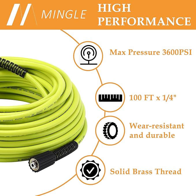 M MINGLE Pressure Washer Hose 100 FT x 1/4" - Replacement Power Wash Hose with Quick Connect Kits - High Pressure Hose with M22 14mm Fittings - 3600PSI