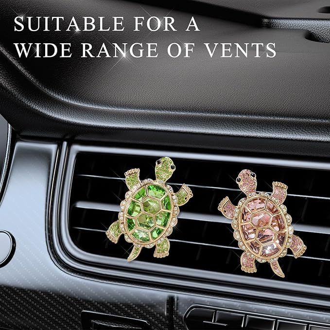 2PCS Bling Tortoise Car Air Vent Clips, Crystal Cute Turtle Air Fresheners Diffuser Vent Clip, Rhinestone Air Conditioning Outlet Clip Charm Car Interior Decor for Women Men