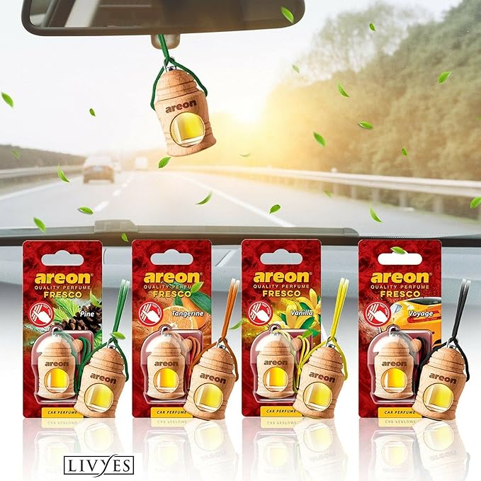 AREON Fresco Hanging Car Air Freshener - 40-50 Days Long-Lasting Fragrance - Diffuser in Wood Pendant Housing - Automotive Accessories & Essentials -3 Mixed Assorted Scents, (New Car, Anti Tobacco and Strawberry)