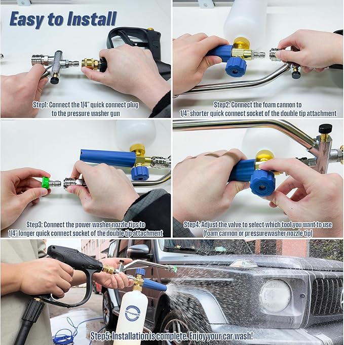Foam Cannon Dual Connector Accessory, Pressure Washer Gun for Car Wash Kit, Double Tip Attachment for Soap Cannon, 5 Power Washer Sprayer Nozzles, 1/4 Inch Quick Connect, 1 Liter