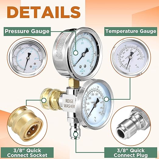 RIDGE WASHER 2-in-1 Pressure Washer Gauge, Stainless Steel Power Washer Gauge Temperature Gauges, 3/8 Inch Quick Connect, 6000 PSI
