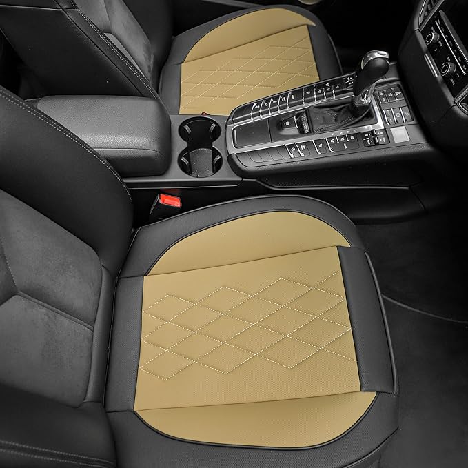 JOJOBAY 2pack Leather Car Seat Cover,Bottom Seat Covers for Cars,Front Seat Protector,Fit for 95% of Vehicles - Padded,Anti-Slip,Premium Leather(2 PCS,Beige)