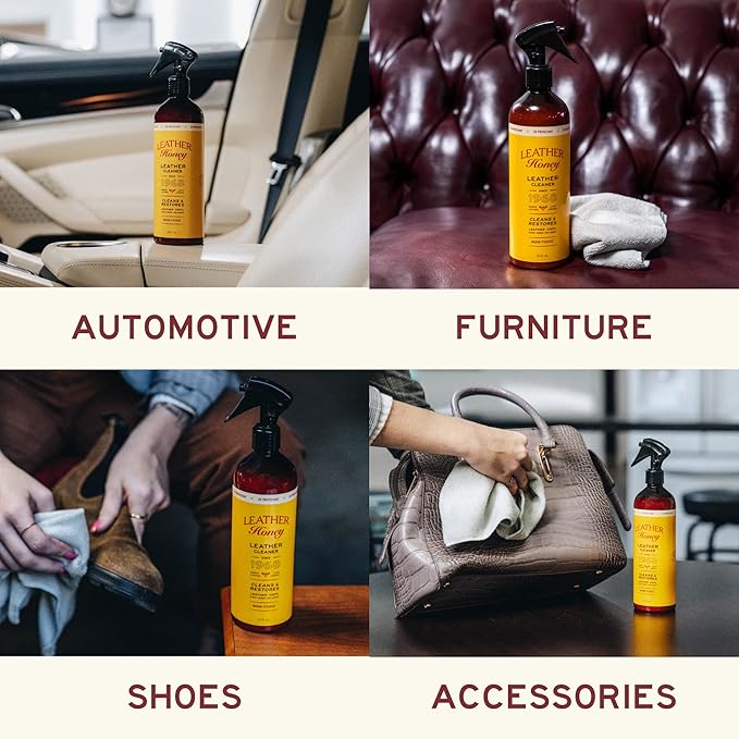 Leather Honey Cleaner and Conditioner Bundle with 16oz Spray Cleaner with UV Protectant and 8oz Conditioner