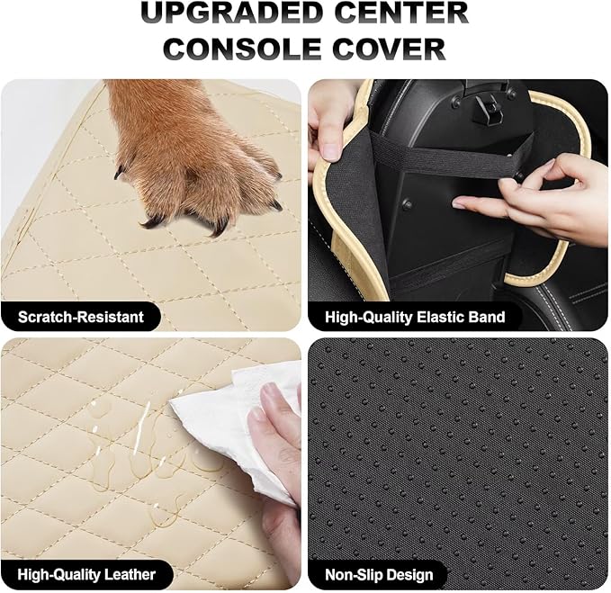Upgraded Car Center Console Cover Fit for Tacoma Faux Leather Car Armrest Cover Cushion with 2 Storage Bags,Car Armrest Storage Box Interior Accessories(Beige&Whiteline)