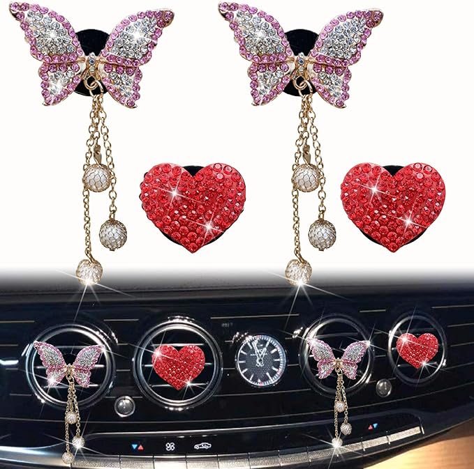 4 Pcs Pink Bling Butterfly and Heart Car Air Fresheners Vent Clips Diffuser Vent Clip Rhinestone Diamond Decoration Car Interior Decor Cute Accessories for Women, Automotive Air Fresheners (Red, 2)