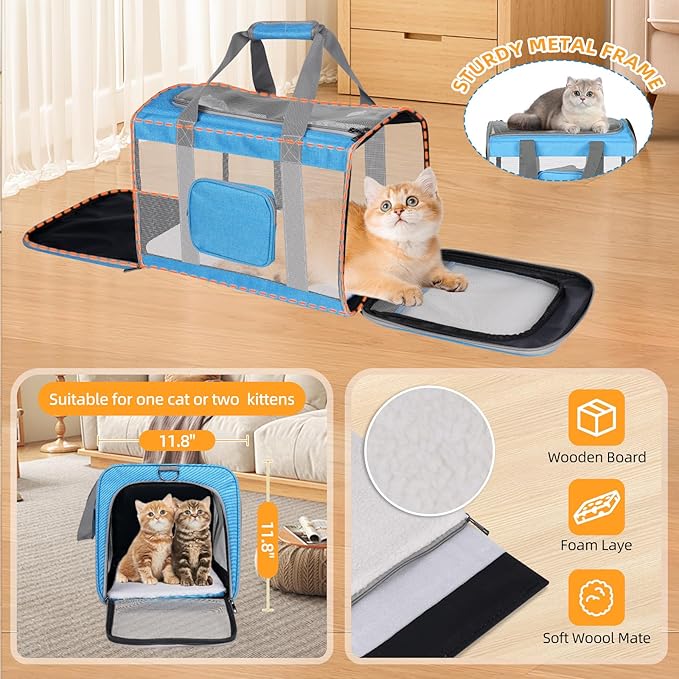 Cat Carrier for Large Cats up to 20 Lbs,Soft-Sided Pet Carrier for Large and Medium Cats, Small Dogs,Puppies,Collapsible Dog Carrier Travel Bag with 2 Storage Bags,4 Mesh Windows (Blue, Medium)