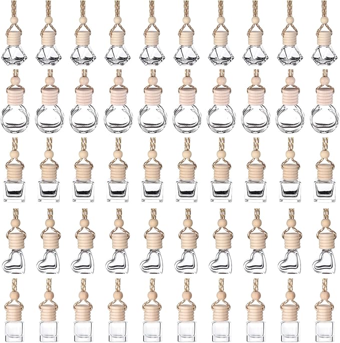 50Pcs 8ml&6ml Hanging Car Air Freshener Diffuser Empty Clear Glass Essential Diffuser Oil Aromatherapy Fragrance Perfume Pendant Glass Vials with Wooden Caps Car Diffuser Air Freshener