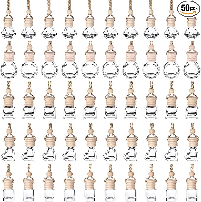 50Pcs 8ml&6ml Hanging Car Air Freshener Diffuser Empty Clear Glass Essential Diffuser Oil Aromatherapy Fragrance Perfume Pendant Glass Vials with Wooden Caps Car Diffuser Air Freshener