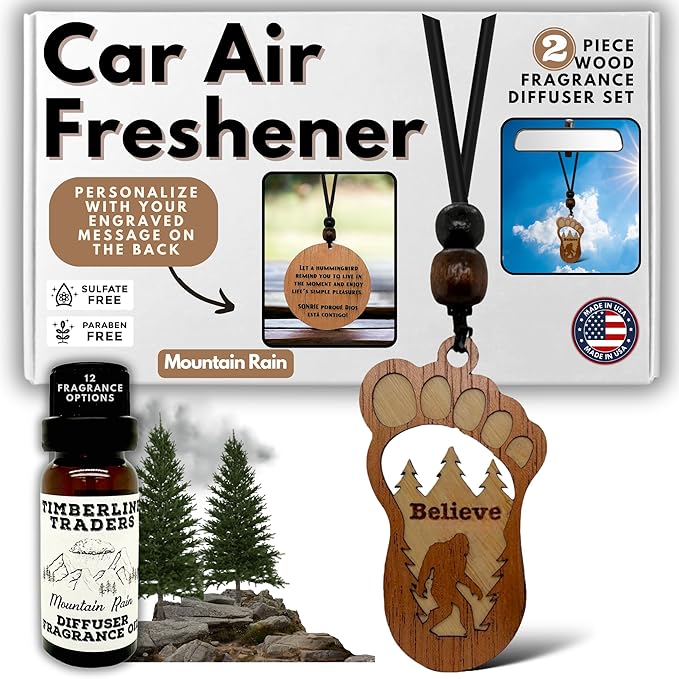Personalized Car Air Freshener, Wood Diffuser and Fragrance Oil Set, Custom Message, Rearview Mirror Charm, Bigfoot Believe, Sasquatch, Auto Accessory for Men or Women (Mountain Rain)