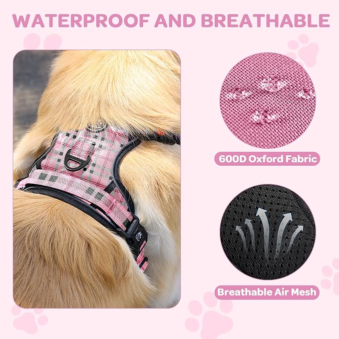 FURRYFECTION Plaid Dog Harness for Small Dogs, Reflective No Pull Adjustable Pet Vest with Front Clip, Leash, Easy Control Handle and Seat Belt, Pink&Black, S