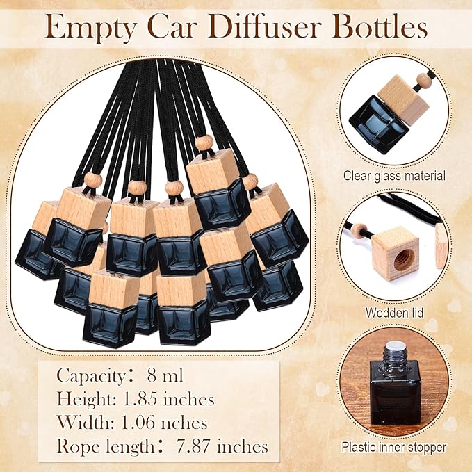 200 Sets Car Diffuser Bottles Empty Bulk Hanging Car Air Freshener Diffuser Bottles Bulk Glass Perfume Holder with Instruction Cards for Essential Oil Fragrance Pendant(Square,Black)