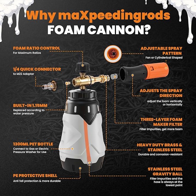 maXpeedingrods Foam Cannon for Pressure Washer, 1300ML Wide Mouth Quick Release Car Wash Foam Gun with Adjustable Soap Cannon & Thick Snow Foam Lance, 1/4'' Quick Connector, with 2 Orifice Nozzle