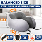 Plane Neck Pillow for Long Flights – 4-in-1 Set | Adjustable Memory Foam Gray Airplane Pillow Neck Support, Eye Mask, Earplugs, & Cover | Soft Washable Cotton Cover, Button Closure – Comfort Traveling