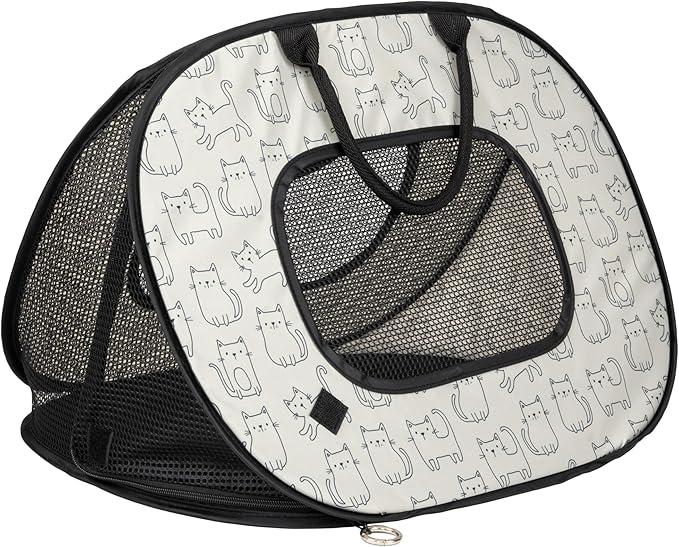 SportPet Designs Pop Open Cat Carrier, Soft-Sided Collapsible Travel Carrier for Cats up to 15 lbs, Lightweight Portable Design with Mesh Ventilation & Secure Zippers, Cat Print