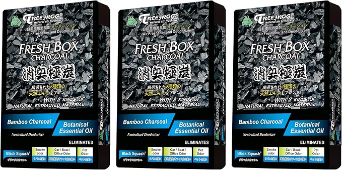 Treefrog Xtreme Fresh Charcoal Black Squash x3, New Car Scent x3 Air Freshener, Deodorizer and Neutralizer air, Special Deal Bundle Mixed Pack, Black Bamboo Charcoal, Generously Large Size 200g.