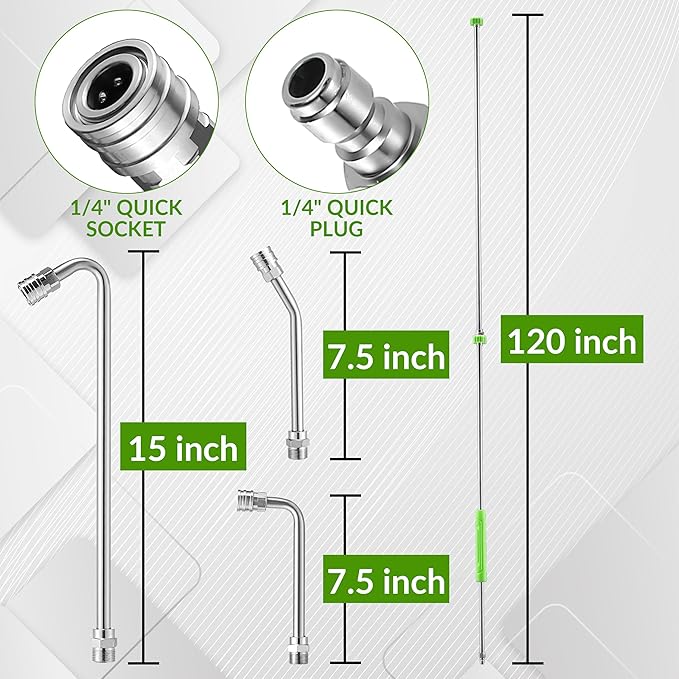 Pressure Washer Extension Wand, 120" Stainless Steel Power Washer Lance With Molded Grip, 30°, 90°, 120° Curved Rod, 5 Spray Nozzle Tips, 1/4" Quick Connect, 4000 PSI