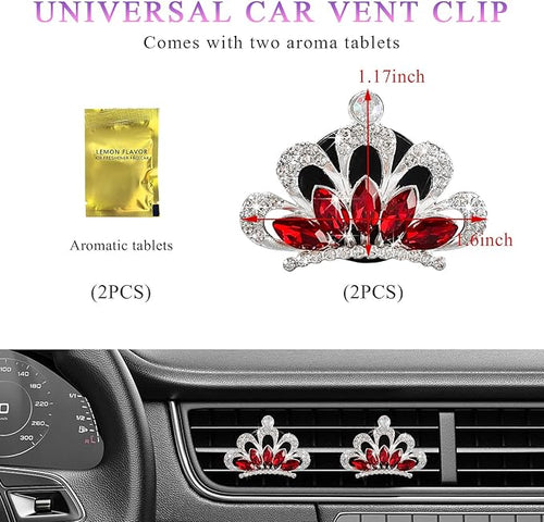 2 PCS Bling Car Air Vent Clips, Crystal Rhinestone Crown Vent Decorative Air Freshener Clips, Sparkly Diamond A/C Outlet Aroma Diffuser Clip for Vehicles, Car Accessories (Red)