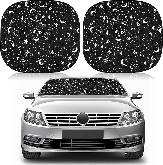 Moukeren 2 PCS Windshield Sun Shade for Car Foldable Window Covers for Car Accessories Reflect UV Sun Heat Protector for Universal Cars SUV Truck RV (Star Moon,31.75 x 28.75 Inch)