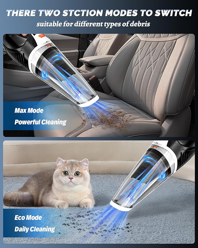 BRL Handheld Vacuum Cordless, Car Vacuum Cleaner with Powerful Suction, 2 Modes Mini Hand Vacuum, Dry & Wet, LED Light, Portable Vacuum for Car Pet Hair, Home, Office, Keyboards Black Orange