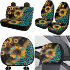 FKELYI Full Set Car Interior Accessories - Sunflower Leopard Seat & Headrest Covers, Steering Wheel, Gear Shifter & Handbrake Covers, Cup Coasters