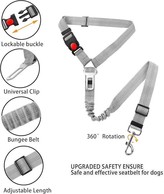 YAOHDAO Dog Seat Belt Harness for Car, Restraint Adjustable with Elastic Bungee Buffer Headrest for Vehicle, 360° Swivel Carabiner Nylon Pet Safety Seat Belts Heavy Duty Car Harness for Dogs (Grey)
