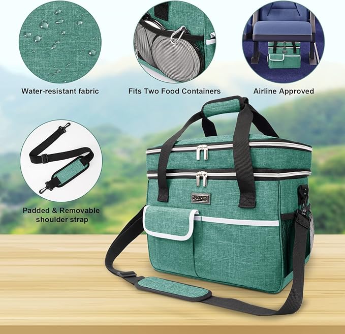 BAGLHER Dog Travel Bag for Supplies - Double-Layer Airline Approved Weekend Pet Travel Organizer Set for Dog and Cat Tote with 2 Pet Food Containers and 2 Collapsible Silicone Bowls Green