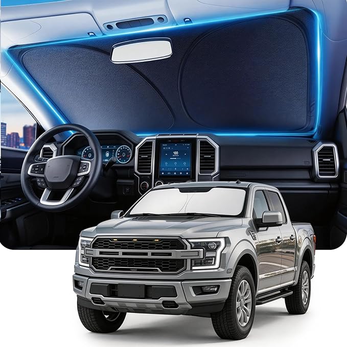 DMJN Windshield Sun Shade for Ford F150 F250 F350 F450 (2021-2026), Car Sunshade for Front Windshield [100% Efficient Block UV & Scorching Sun] UPF50+ Heat Block - Protect Interior & Keep Cooler