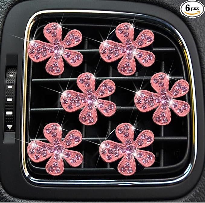 6 Pcs Pink Bling Flower Air Vent Clips, Cute Daisy Car Air Fresheners Vents Clips Car Diffuser Rhinestone Interior Decoration Charm Diamond Car Decor Bling Accessories for Women Girls, Decorations