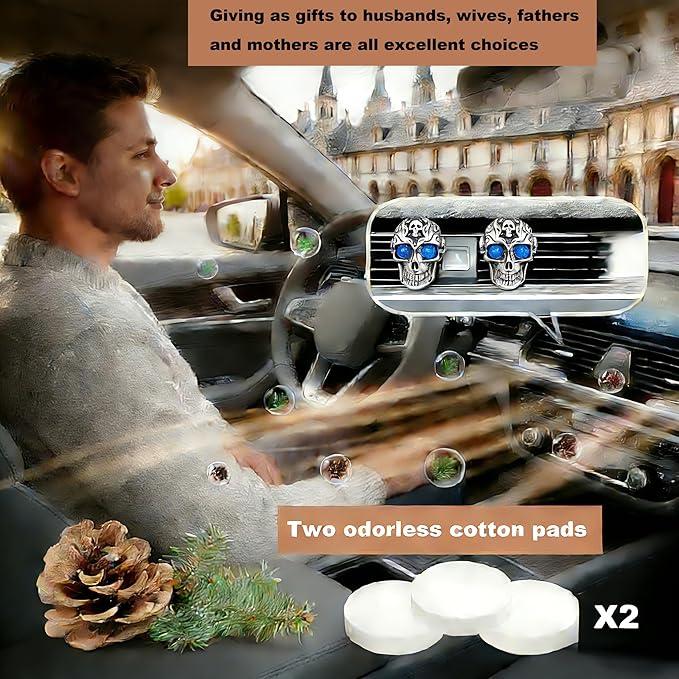 Gothic Skull Car Air Freshener Vent Clips with 2 Pads, Halloween Scented Car Accessories for Men Women, Automotive Interior Decor and Cool Car Fresheners for Men， Spooky Gift Idea-A5