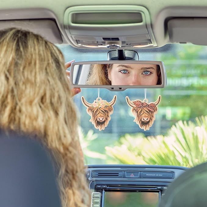 ANGOLIO 4Pcs Highland Cow Air Freshener Car Hanging Gifts for Women Funny Highland Cow Print Car Accessories Hanging Ornament Vent Decoration Aromatic for Party Supplies Cute Aromatic Accessories