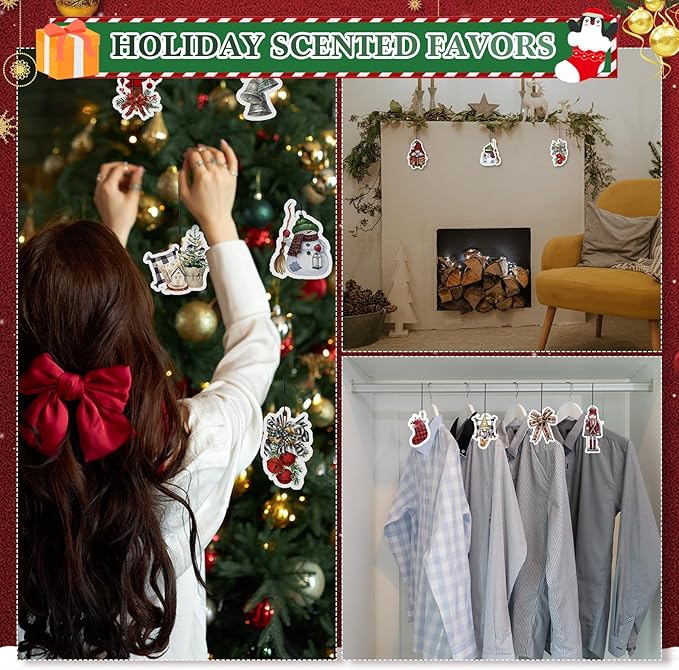 12 Pcs Christmas Car Air Freshener Bulk Scented Christmas Tree Ornaments Buffalo Plaid Gnomes Snowman Bow Hanging Decoration Car Scented Automotive Interior for Stocking Stuffers Party Gift