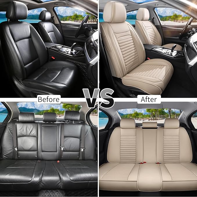 Truck Seat Covers Full Set Fit for Toyota Tacoma 2001-2026, Premium Faux Leather Car Seat Protector,Breathable Anti-Slip Full Wrapping Edge Seat Covers(Beige,Full Set)
