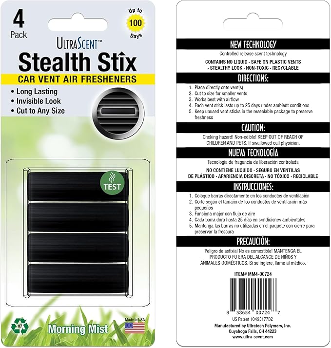 Car Vent Clips Air Freshener Stealth Stix Car Vent Clips that Slip on Vent Blade, 1-Pack/4-Stix (Morning Mist)