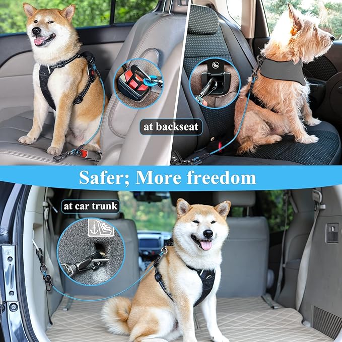 VIVAGLORY Dog Seat Belt Tuffbelt Dog Car Harness, Seatbelt with Clip & Hook for Car Travel, Chew Proof Anti Chew Unchewable Metal Safety Tether Restraint, L, Blue