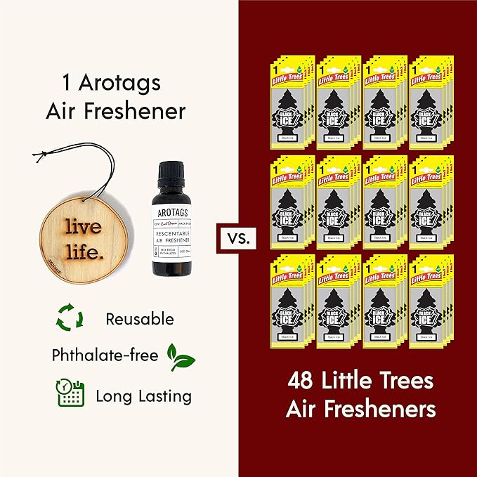 Arotags Wooden Car Air Freshener - Long Lasting Backwoods Birch Scent Diffuses for 365+ Days - Includes Live Life Hanging Mirror Diffuser and Fragrance Oil - 100% American Made
