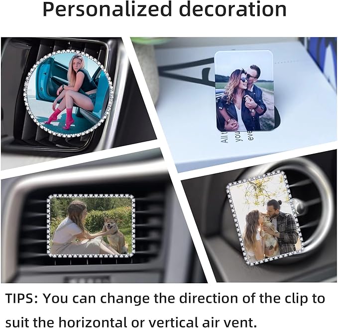 Personalized Car Air Vent Picture Clips - Custom Acrylic Photo Rhinestone Trim Car Air Freshener Vent Clips Interior Decoration