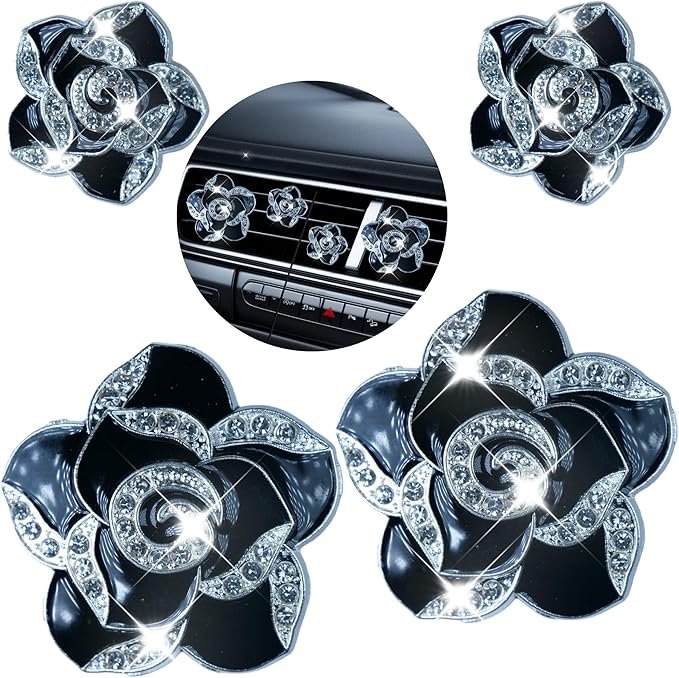 Bling Flower Air Freshener Vent Clips Car Accessories, 4Pcs Rhinestone Flower Sparkly Air Vent Clips for Fresheners Car Decoration, Airs Freshener Vents Clip for Women Gifts