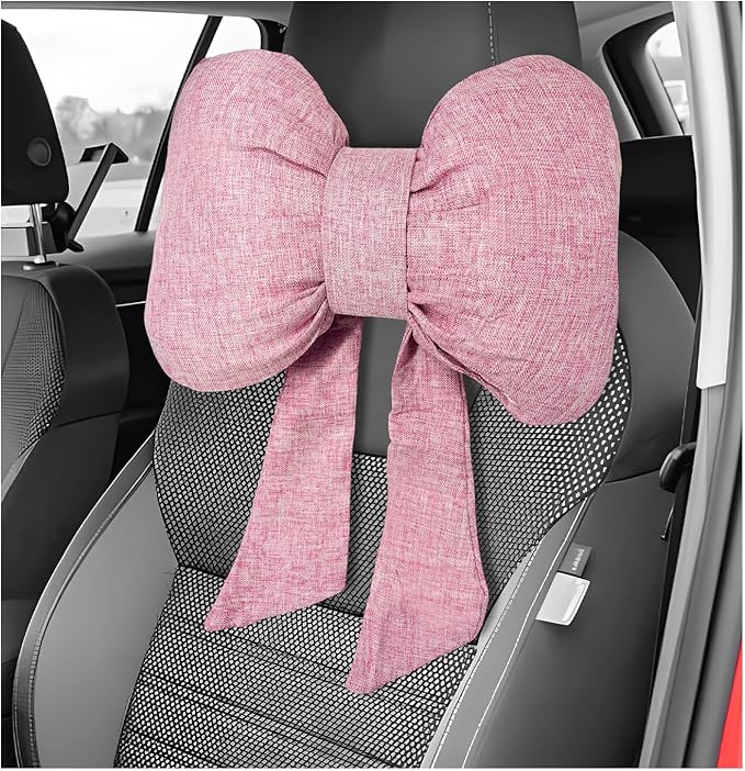 Bow Car Headrest Pillow, Breathable Ergonomic Auto Neck Cushion with Adjustable Strap, Comfy Vehicle Neck Support Pillow Cute Bow Girl-Style Decoration for Driving Seats (Pink)