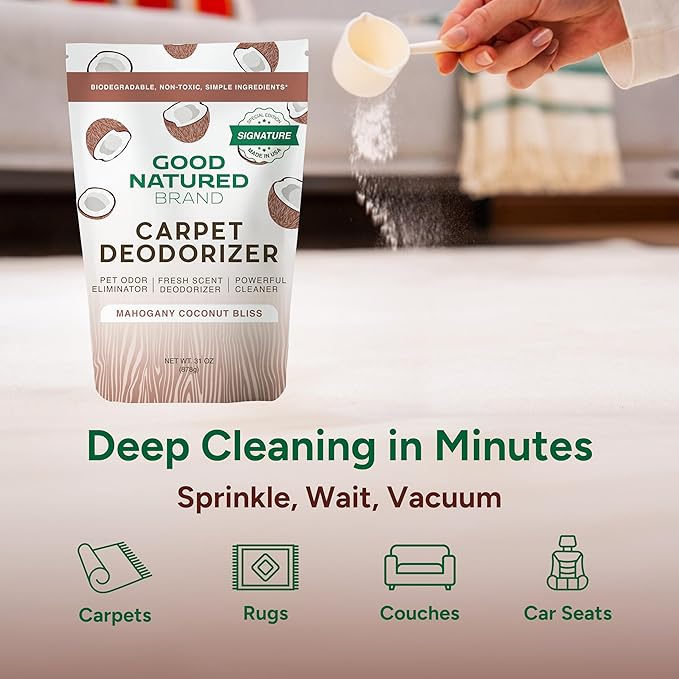 Good Natured Brand | Carpet Deodorizer & Freshener Powder | 31 oz Pet Odor Eliminator for Strong Odor & Pet Urine | Fresh Natural Mahogany Coconut Bliss Scent | Safe for Homes with Pets