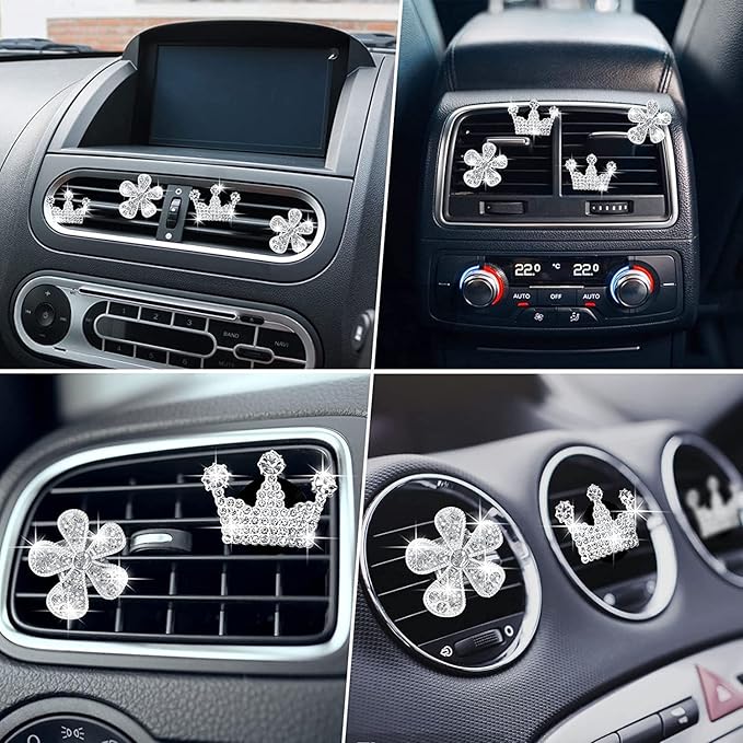 4 Pcs Bling Daisy Air Vent Clips, Crystal Crown Car Air Fresheners Vent Clips Charms Rhinestone Diffuser Vent Clip Crown Car Interior Decoration Cute Car Decor Bling Flower Cute Car Accessories for Women (Crown&Daisy)
