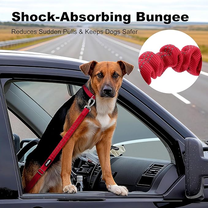 Dog Seat Belt for Car, Adjustable Dog Car Harness Seatbelt for Small Medium Large Dogs, Heavy Duty Travel Safety Restraint with Locking Aluminum Hook & Reflective Nylon Strap, Red